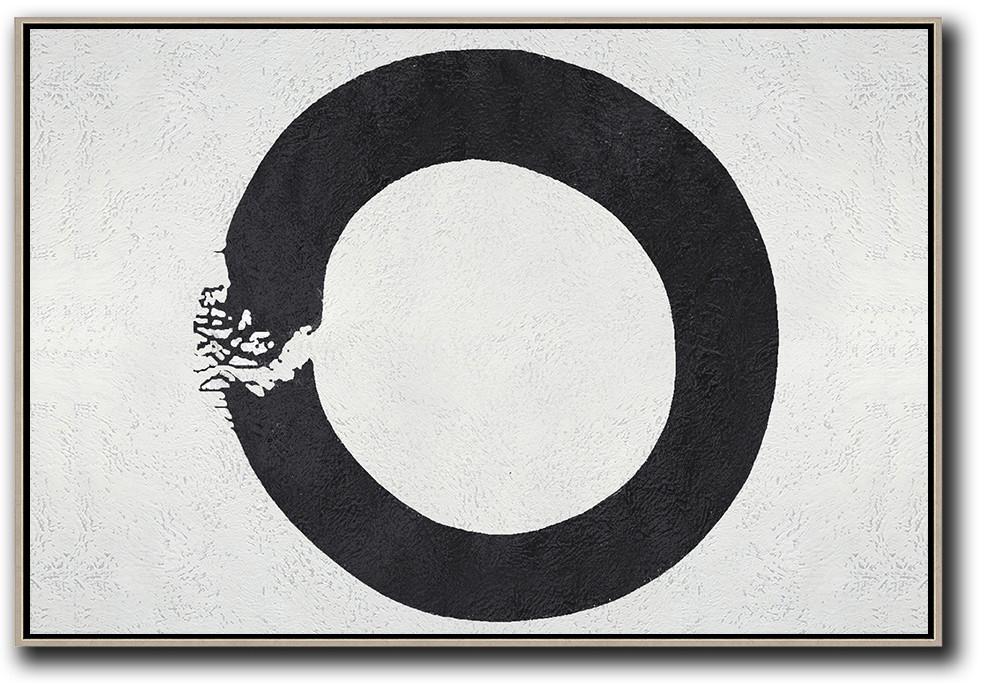 Hand-Painted Oversized Horizontal Circle Minimal Art On Canvas, Black And White Minimalist Geometric Painting - Original Oil Paintings For Sale Bedroom Huge